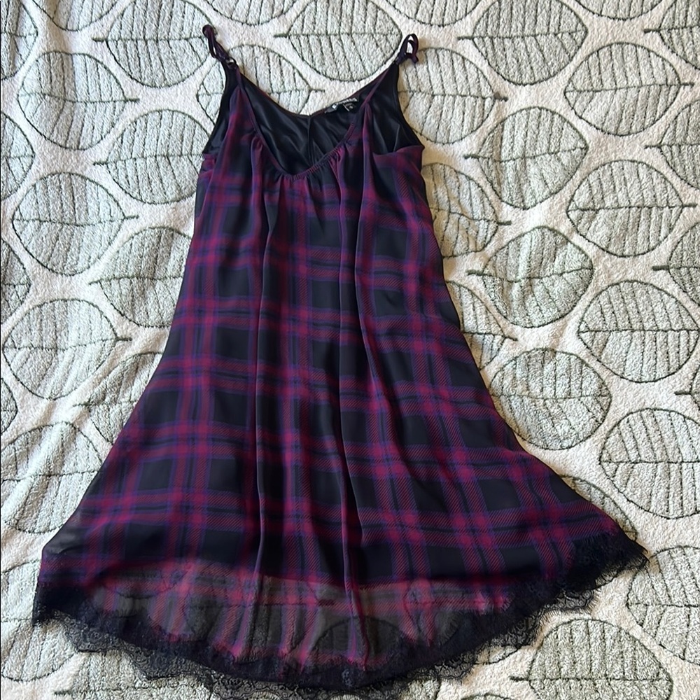 VINTAGE Express Black and Purple Plaid Flowy Mini Dress